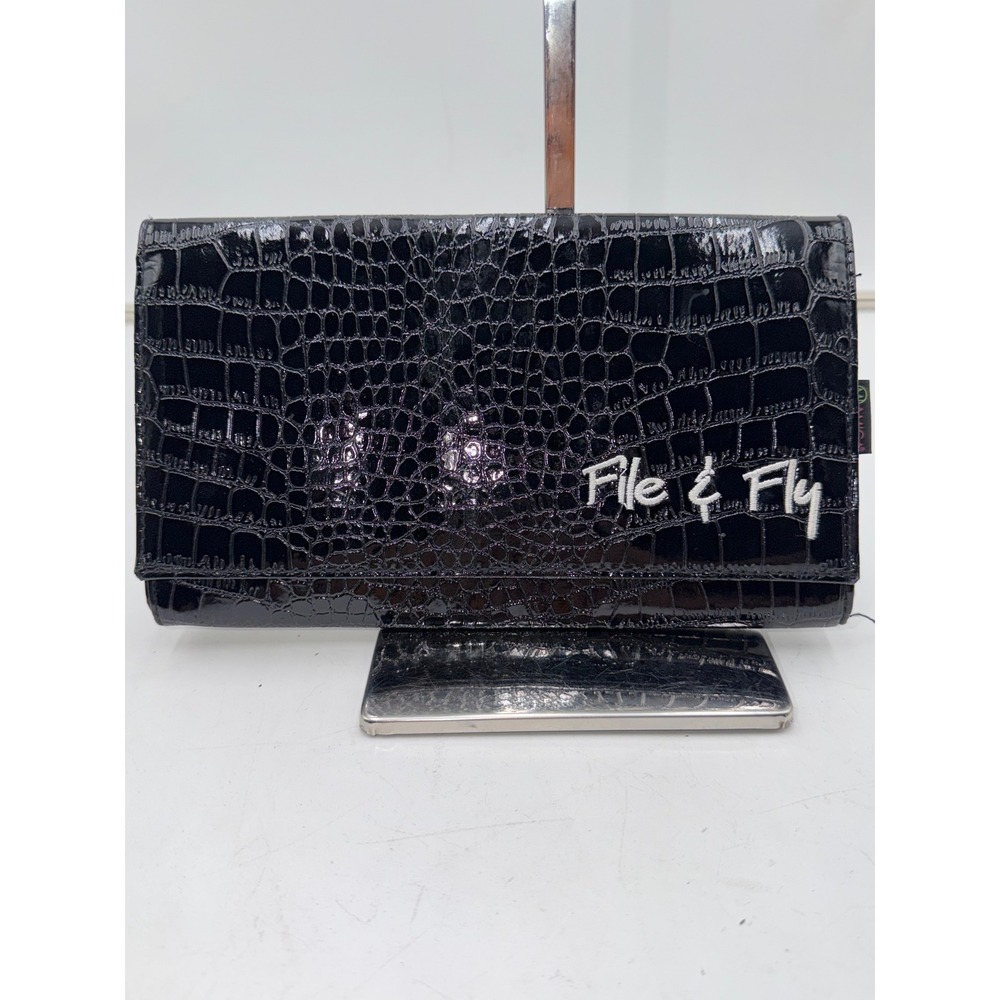 Amica File & Fly Black Croc Embossed Travel Wallet Passport Organizer Clutch